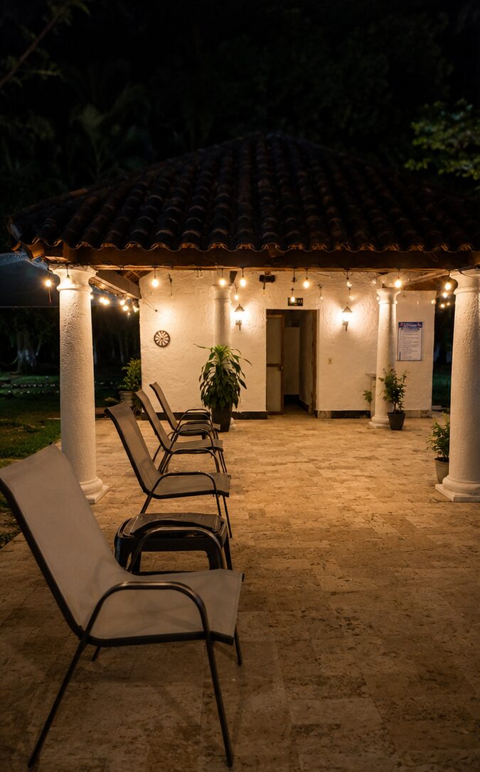 El kiosco de tejas con sillas de descanso, iluminado de noche