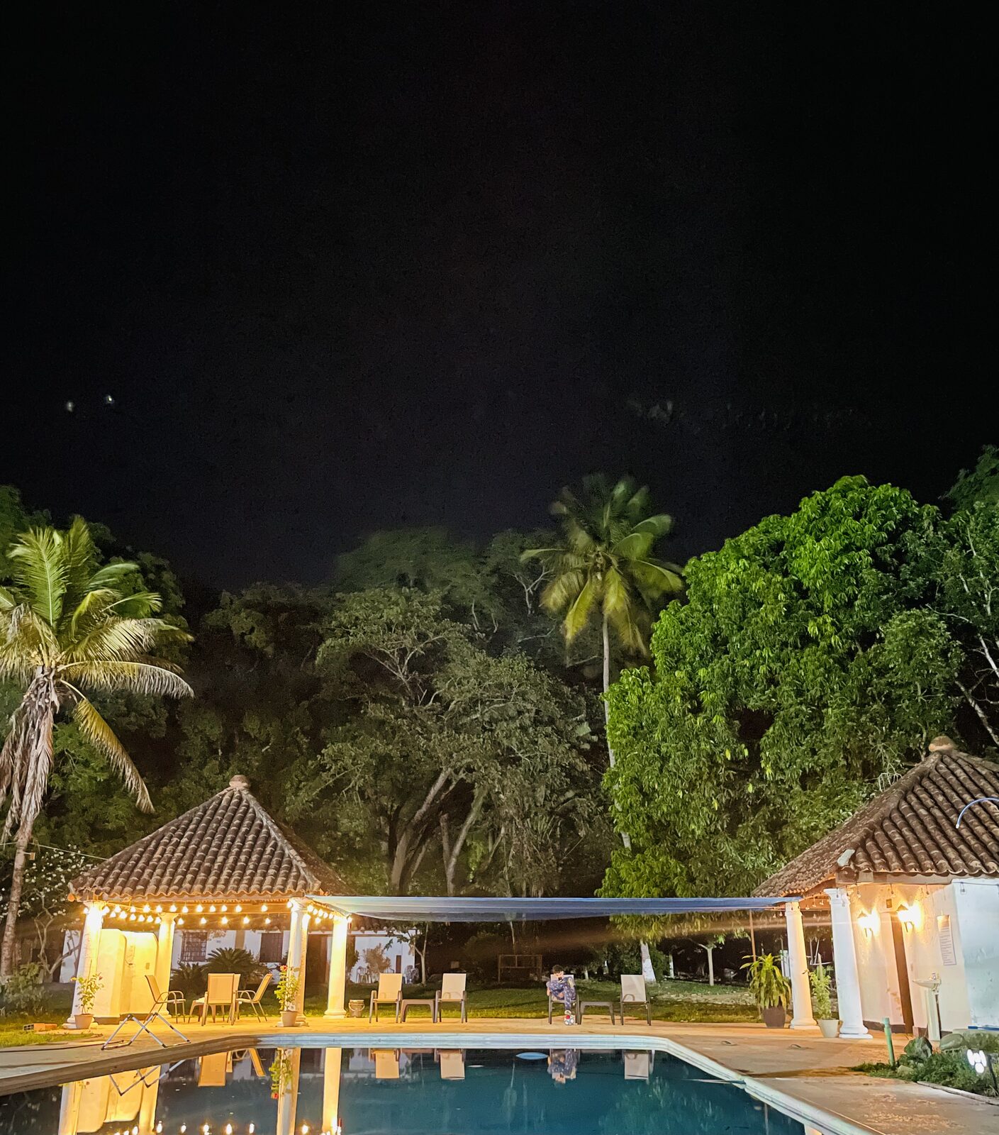 La piscina de noche entre palmeras y árboles, con las luces de los kioscos encendidas